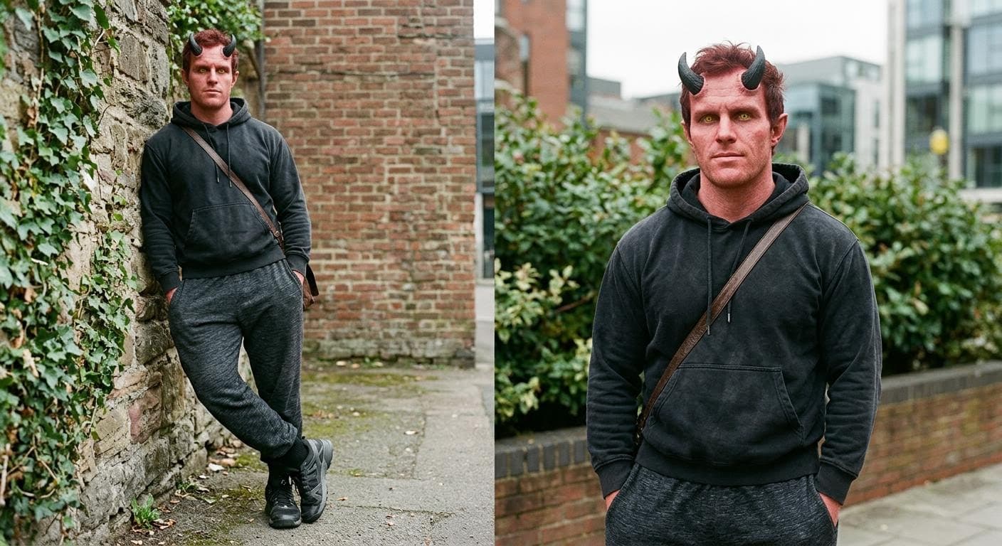 AI generated: A muscular attractive man with light red skin and red hair with yellow eyes with a black hoodies wit...