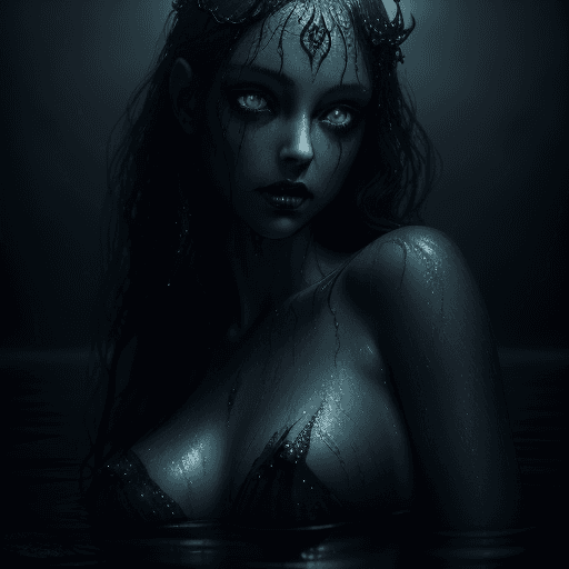 AI generated: gorgeous mysterious siren at a dark ominous lake at night, sultry and seductive, mysterious and cree...