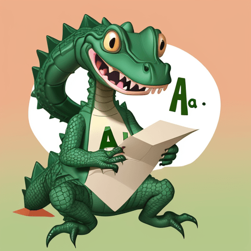 AI generated: Cute not scary alligator with the letter a in his hands for children
