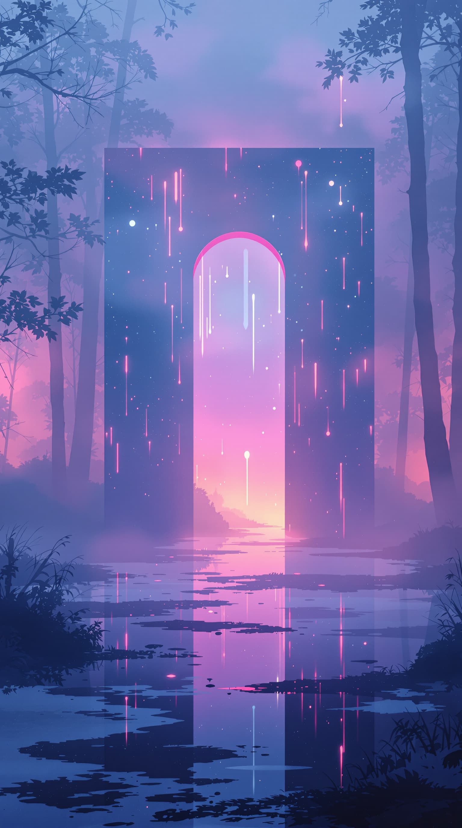 AI generated: foggy-evening-in-swamp-holographic-gate-pink-and-blue-and-orange-uminescent-translucent-ghostly