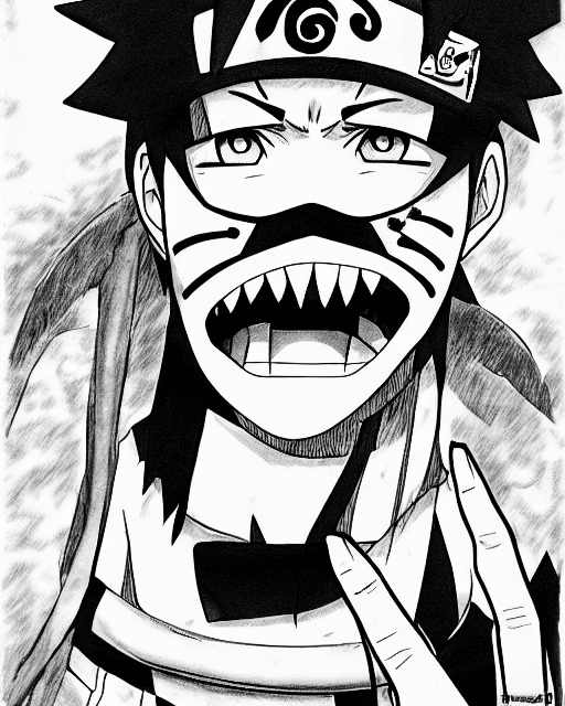 AI generated: Naruto Uzumaki, illustration line art, anime, manga, pencil sketch, pencil drawing, inking, black an...