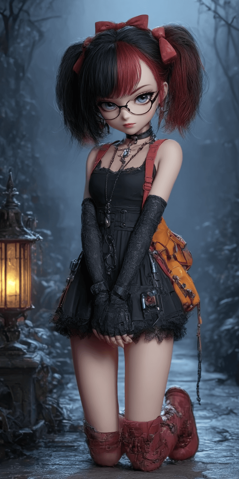 AI generated: A doll-like figure stands in a dimly lit, mysterious forest setting, surrounded by twisted trees and...