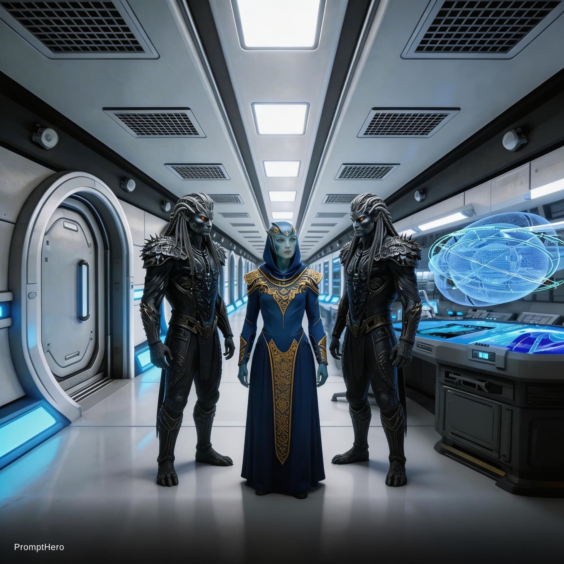 AI generated: Sci-Fi Cinematic Scene. Place the male characters in reference image 2 in reference image 1.  Show i...