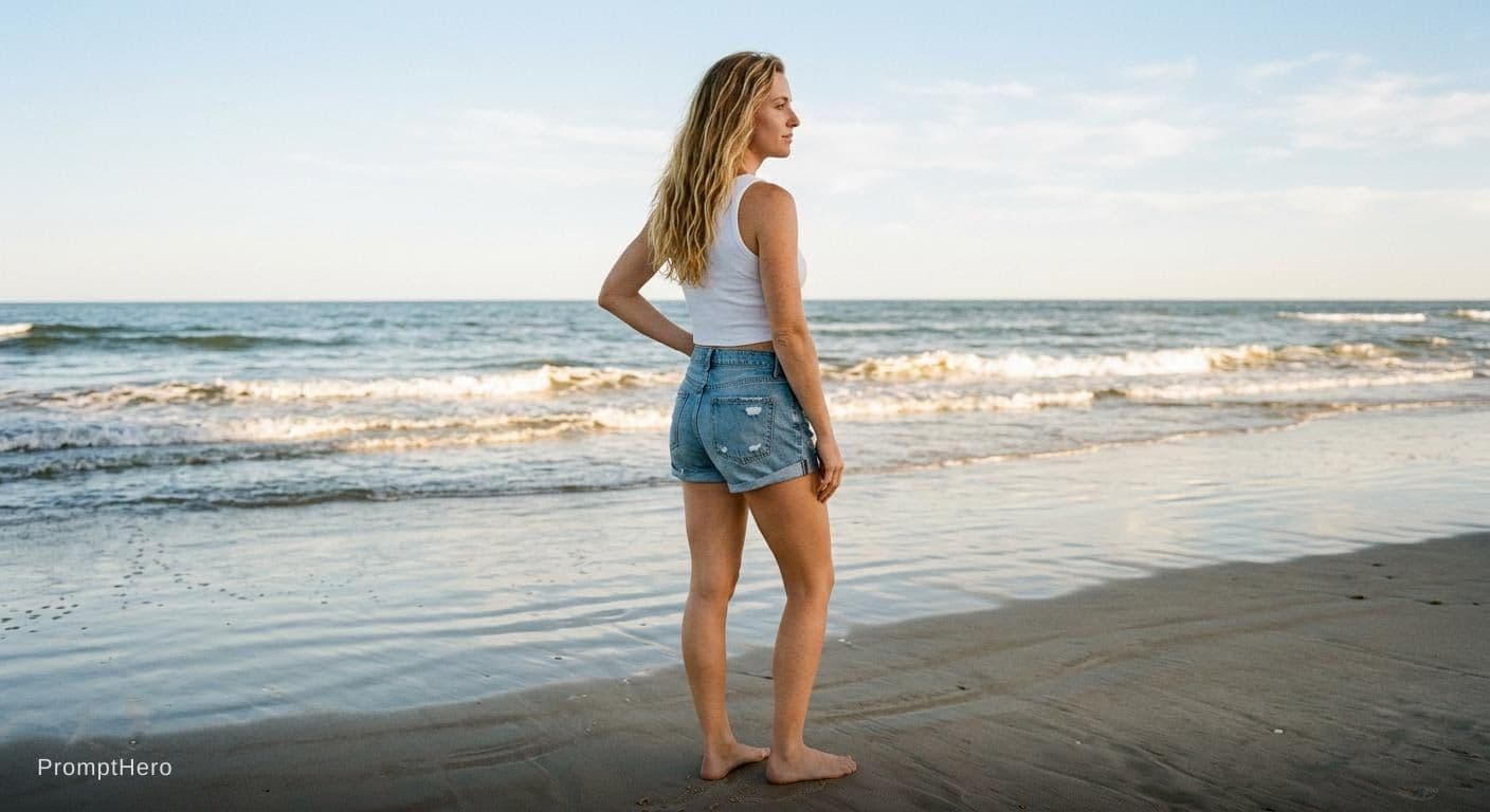 AI generated: The woman stands on a sandy beach with her back to the camera. She has long, wavy blonde hair that c...