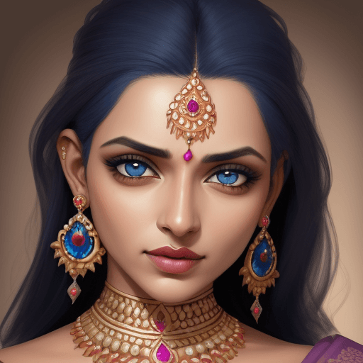 AI generated: Dibuja una cara de mujer india con los ojos azules, retrato frontal, muy realista, con joyas adornan...