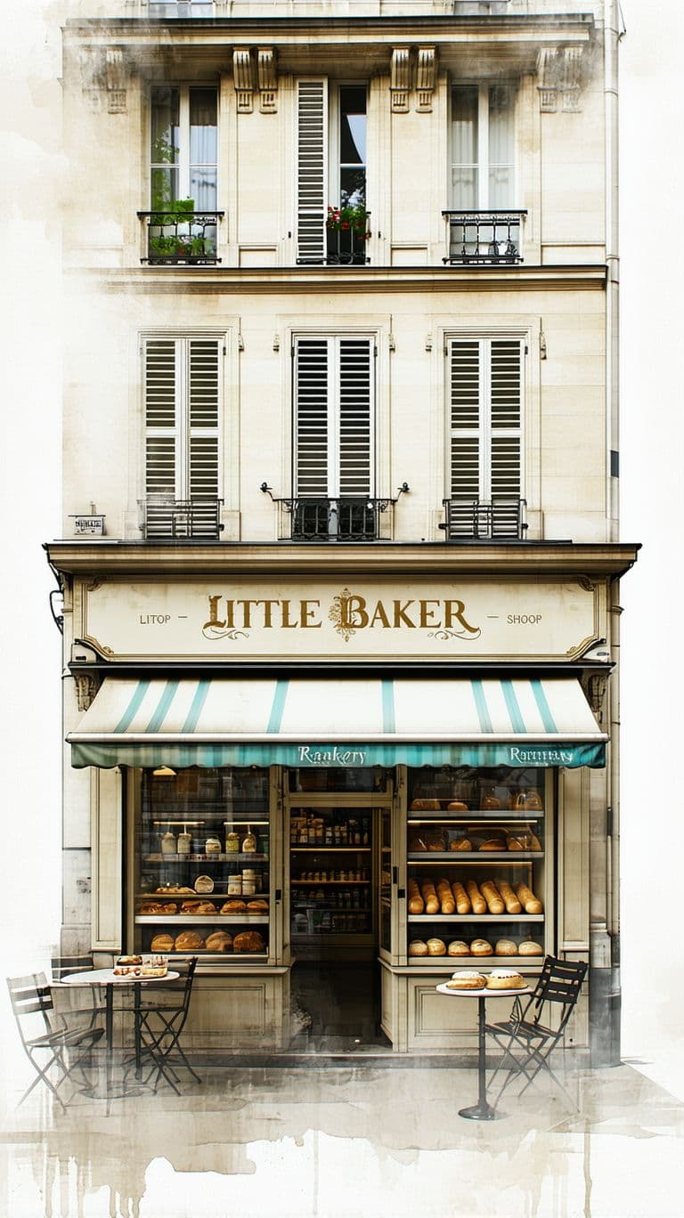 AI generated: Paris 1880, hyperrealistic illustration, a facade of a little bakery shop, front view, elevation, in...