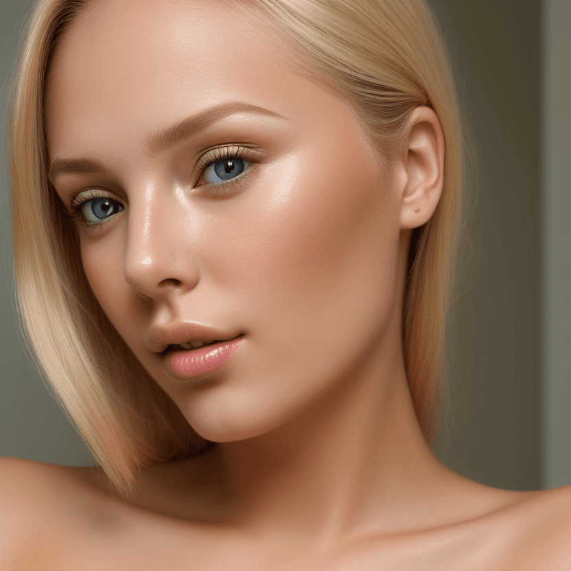AI generated: close up beauty shot of young blonde woman wearing natural makeup with a little glow