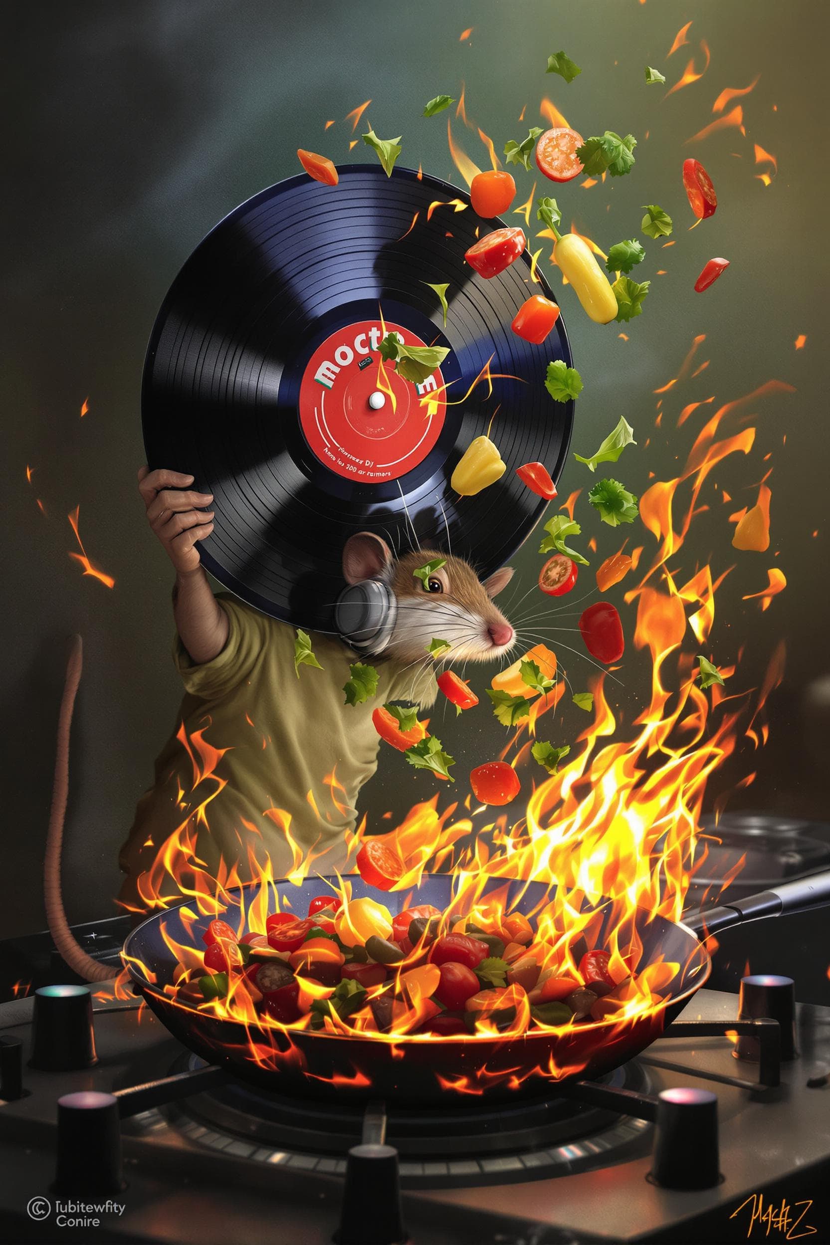 AI generated: Macro art. A mouse holding a record over a stove like a pan. The mouse is using the record to toss c...