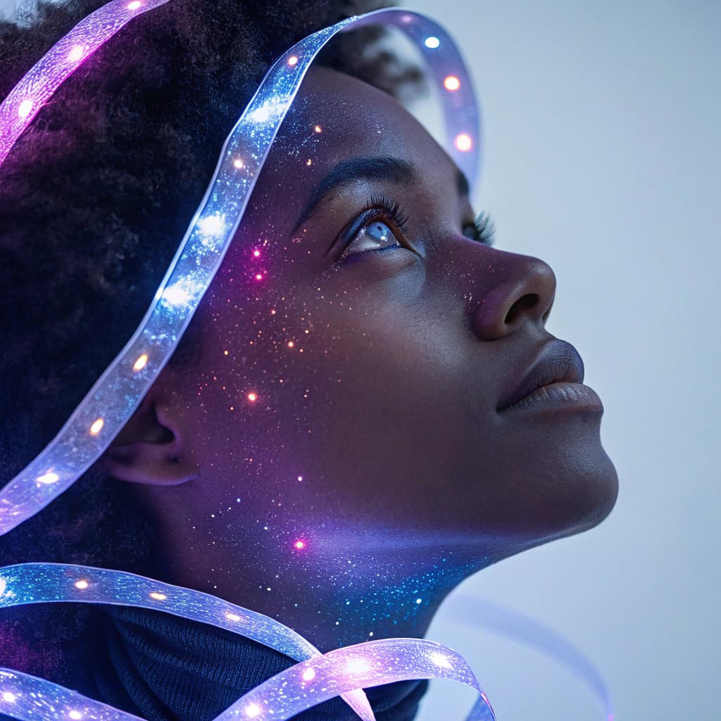AI generated: Close-up of a serene, expressive face with dreamy eyes looking into the distance, surrounded by glow...