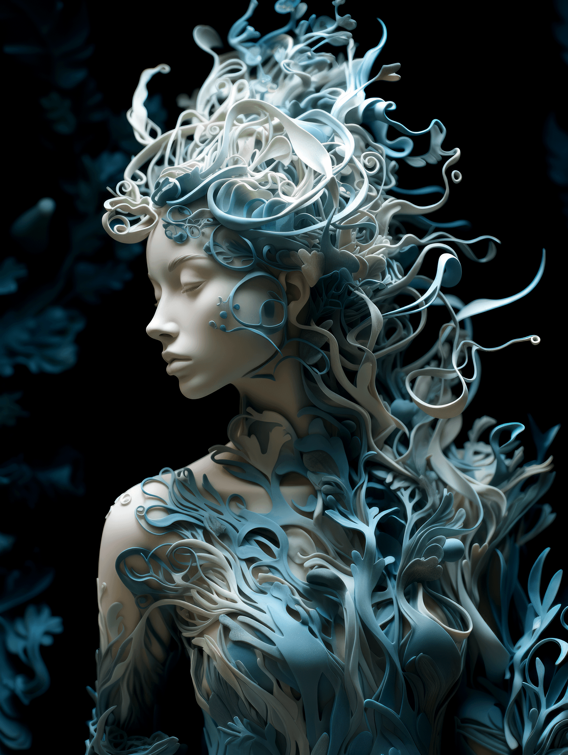 AI generated: human by juliane schreiner, in the style of intricate underwater worlds, flowing fabrics, dark turqu...
