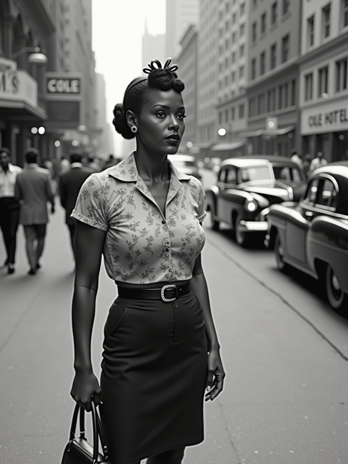 AI generated: a vintage black and white 1930s photo of an African American woman posing on a city sidewalk. She is...