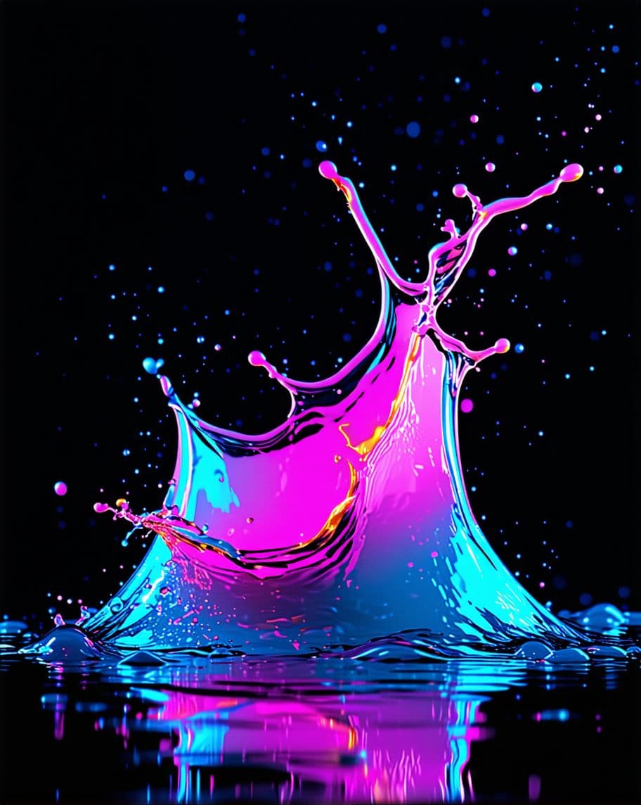AI generated: neon, liquids, splashes, black background, studio light, pattern, many details, wallpaper, 