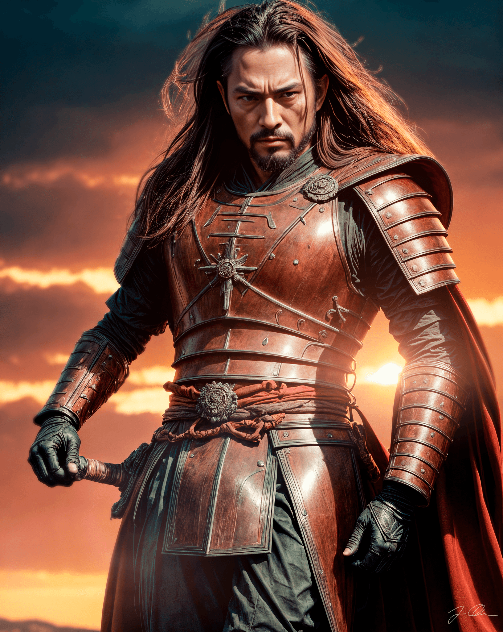 AI generated: a powerful male samurai warrior with a stoic expression and gleaming armor worn at the edges vibrant...