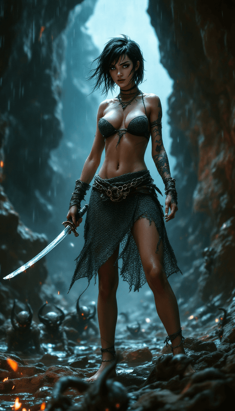AI generated:  4K, A full body view of a barefoot beautiful Female Warrior, killing several little demons in grott...