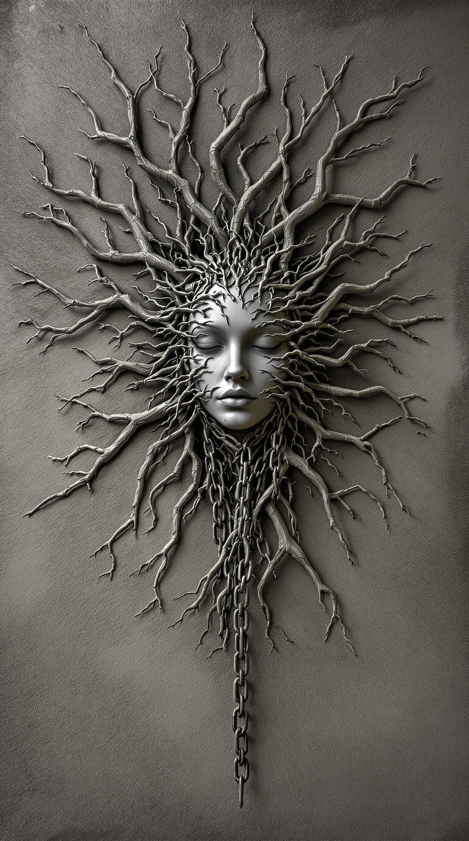 AI generated: 3d woman in Chains with human and Chains shaped branches, in the style of medical imaging film., seb...