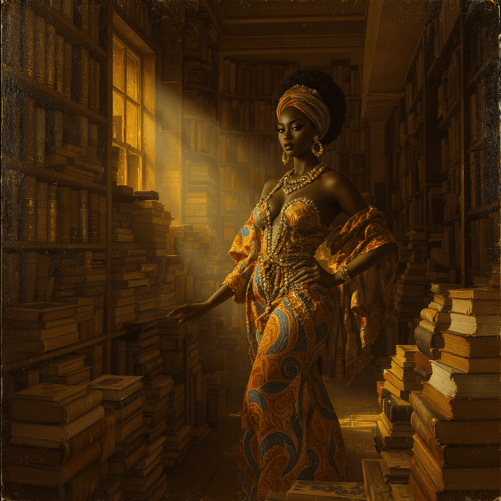 AI generated: An elegant African American woman stands confidently amid the towering shelves of a vintage bookshop...