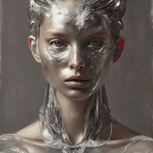AI generated: a woman, in the style of made of bright silver liquid metal, layered fabrications, nicola samori, br...