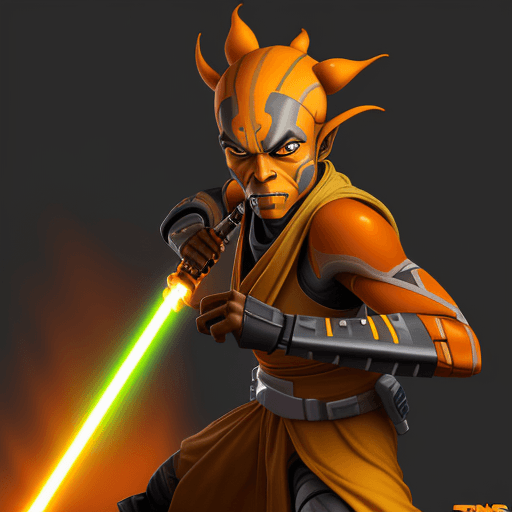 AI generated: Savage Opress, character from the clone wars, but orange and black skin and it is a jedi with a yell...