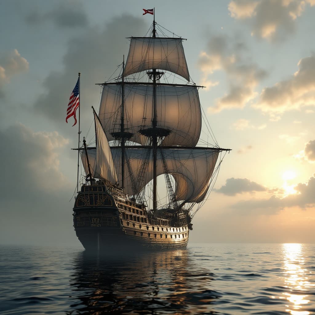 AI generated: Photo of a ultra realistic sailing ship, dramatic light, pale sunrise, cinematic lighting, battered,...