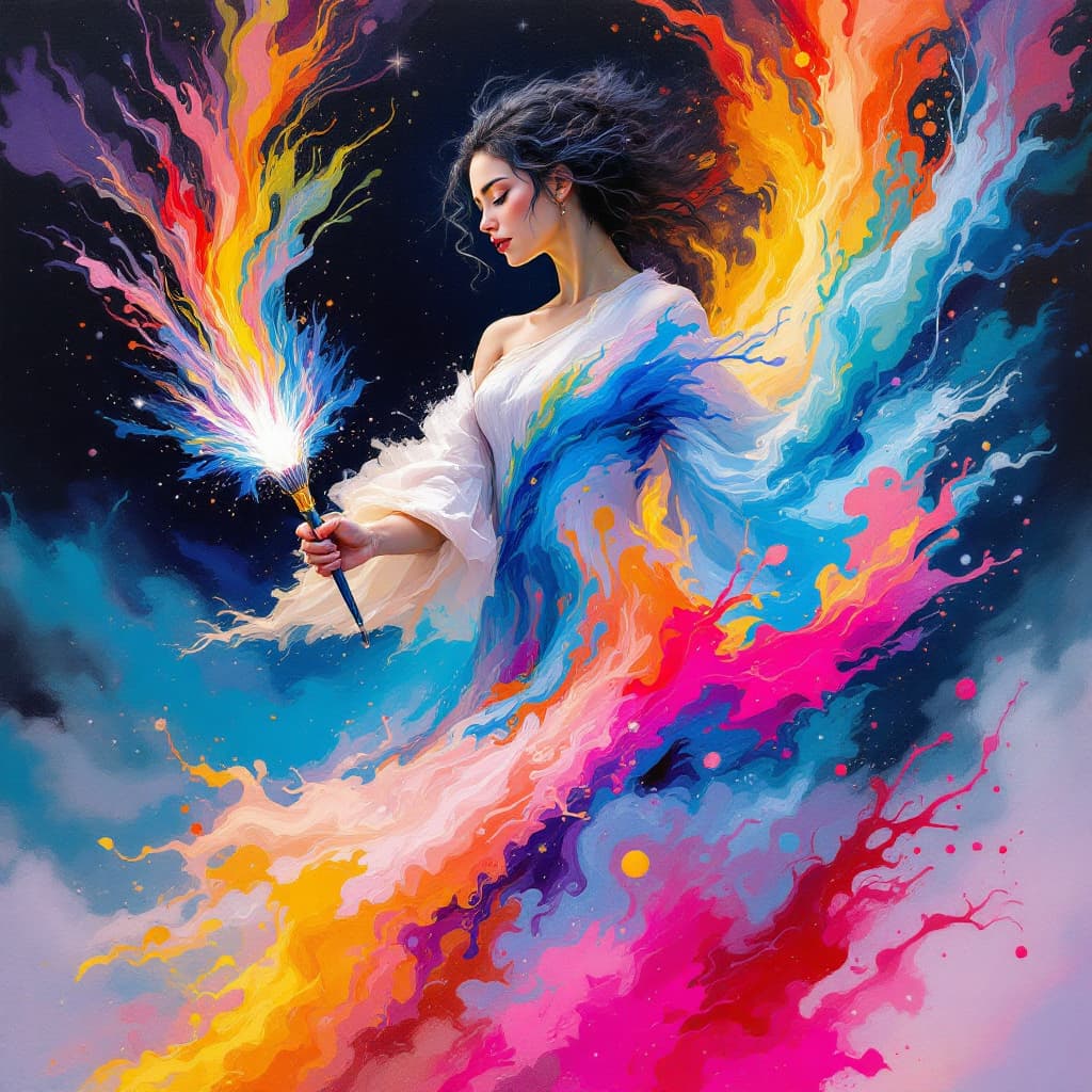 AI generated: A visionary paint wielder, where her very clothes seem to transform into the canvas upon which she c...