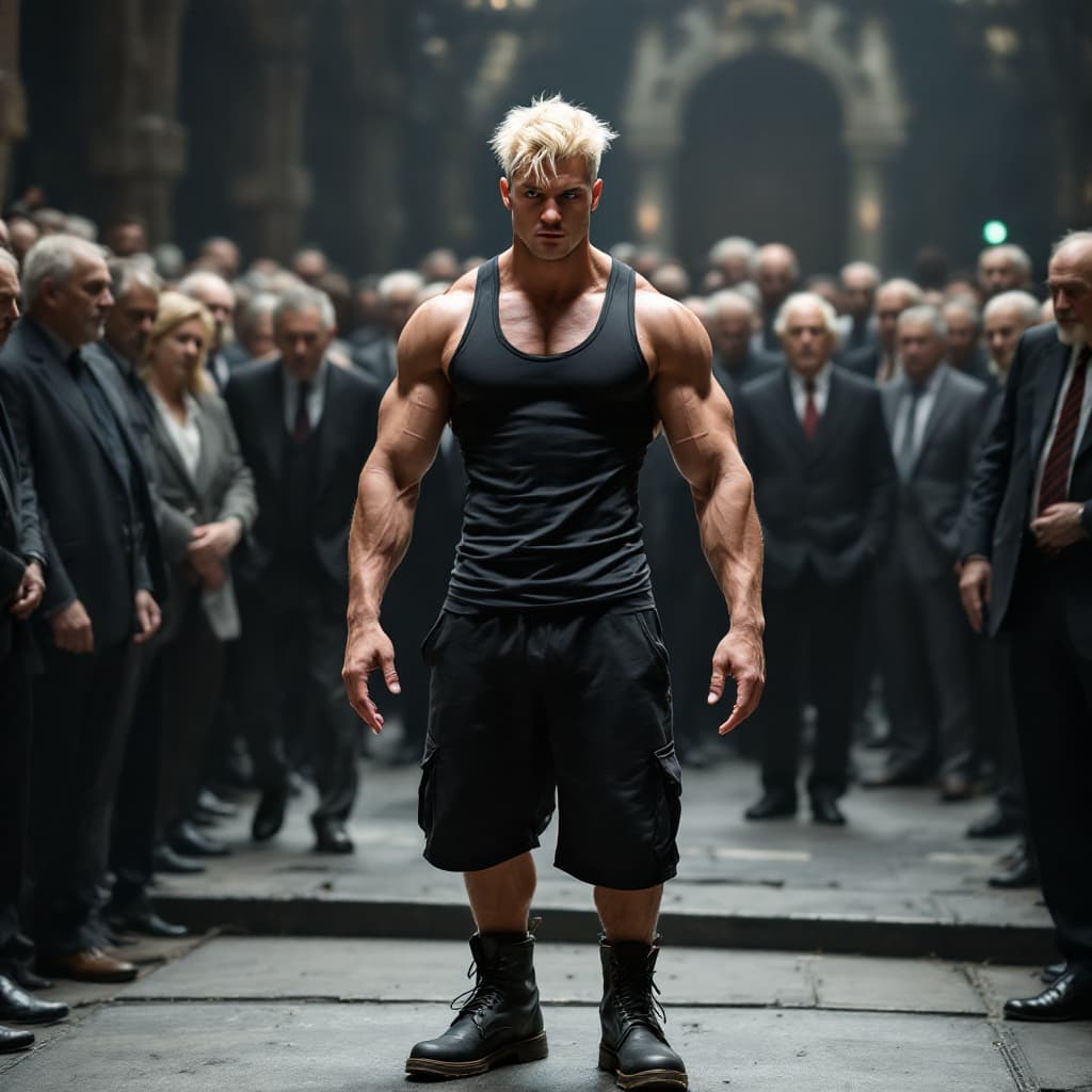 AI generated: high-resolution photo of muscular, handsome young man with platinum blonde hair wearing gym shorts a...