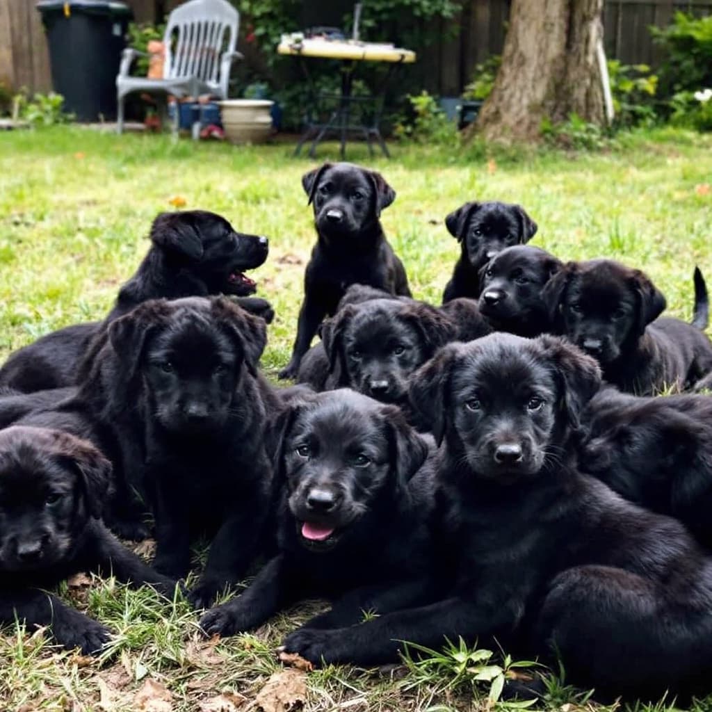 AI generated: a gaggle of Black Lab puppies in the backyard
 
