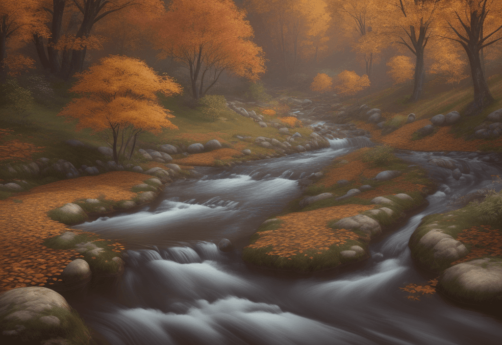 AI generated: photorealistic oil on canvas, 
small hills, flowing river, trees,
beautiful setting, fall,
Foregroun...