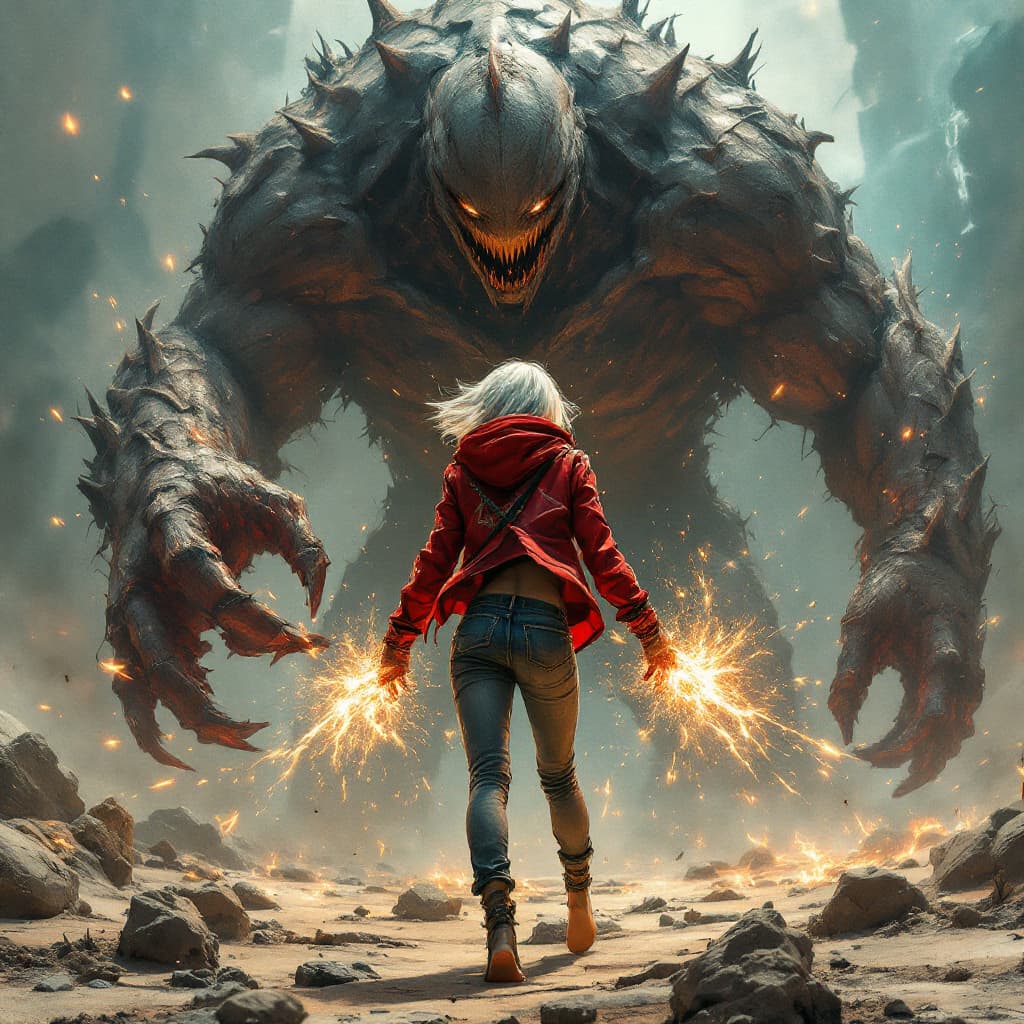 AI generated: A Girl Shining silver short hair peeking from under a stylish hooded red jacket, short jeans, barefo...