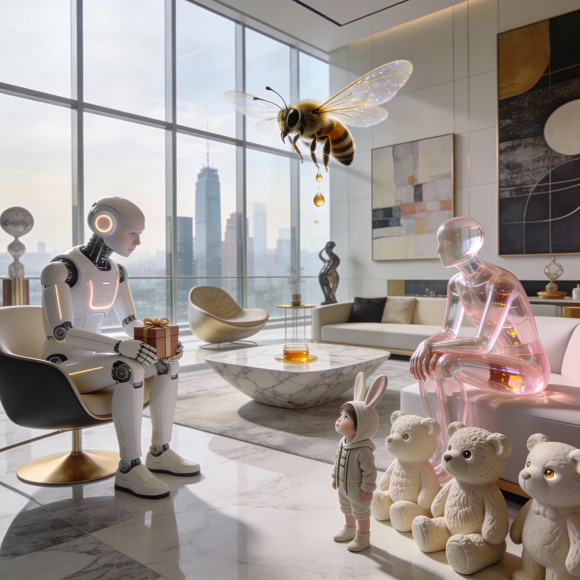AI generated: Create a hyper-realistic, cinematic scene set inside an ultra-luxury modern loft living room during ...