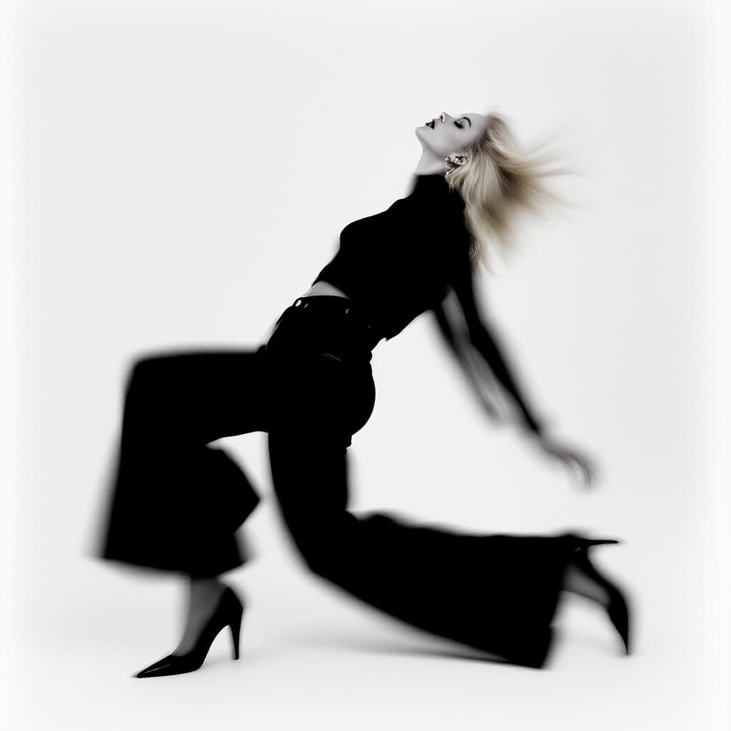 AI generated: A Vogue editorial shot in a minimalist black and white style, featuring a young blond woman. The ima...