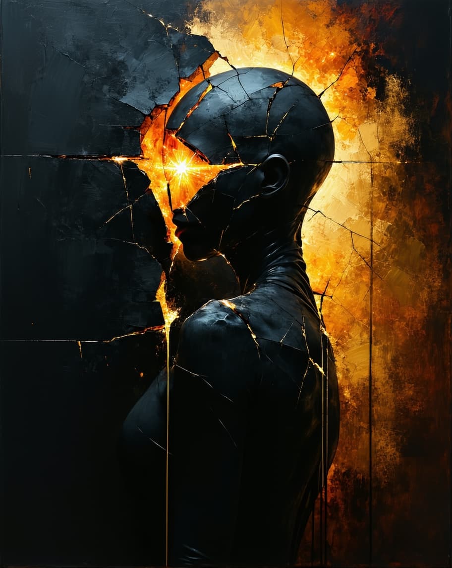 AI generated: A haunting digital art piece depicting a faceless black figure with a cracked head, revealing a dazz...