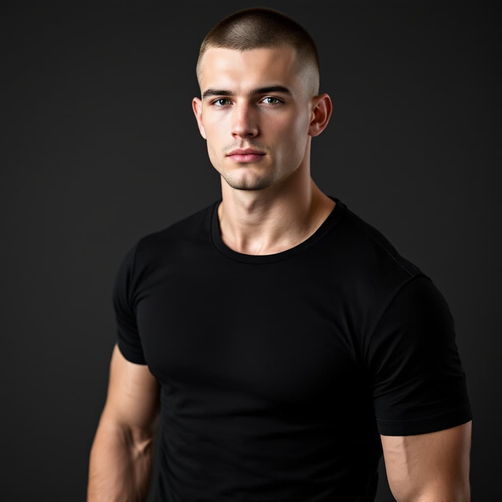 AI generated: Professional photo of a 22-year-old white American man, buzz cut, clean-shaven, wearing a fitted bla...