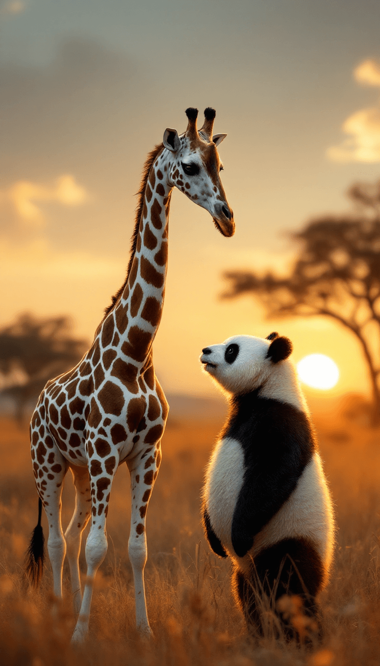 AI generated: Cinematic photography style, a giraffe and a panda standing face-to-face in the African savanna duri...