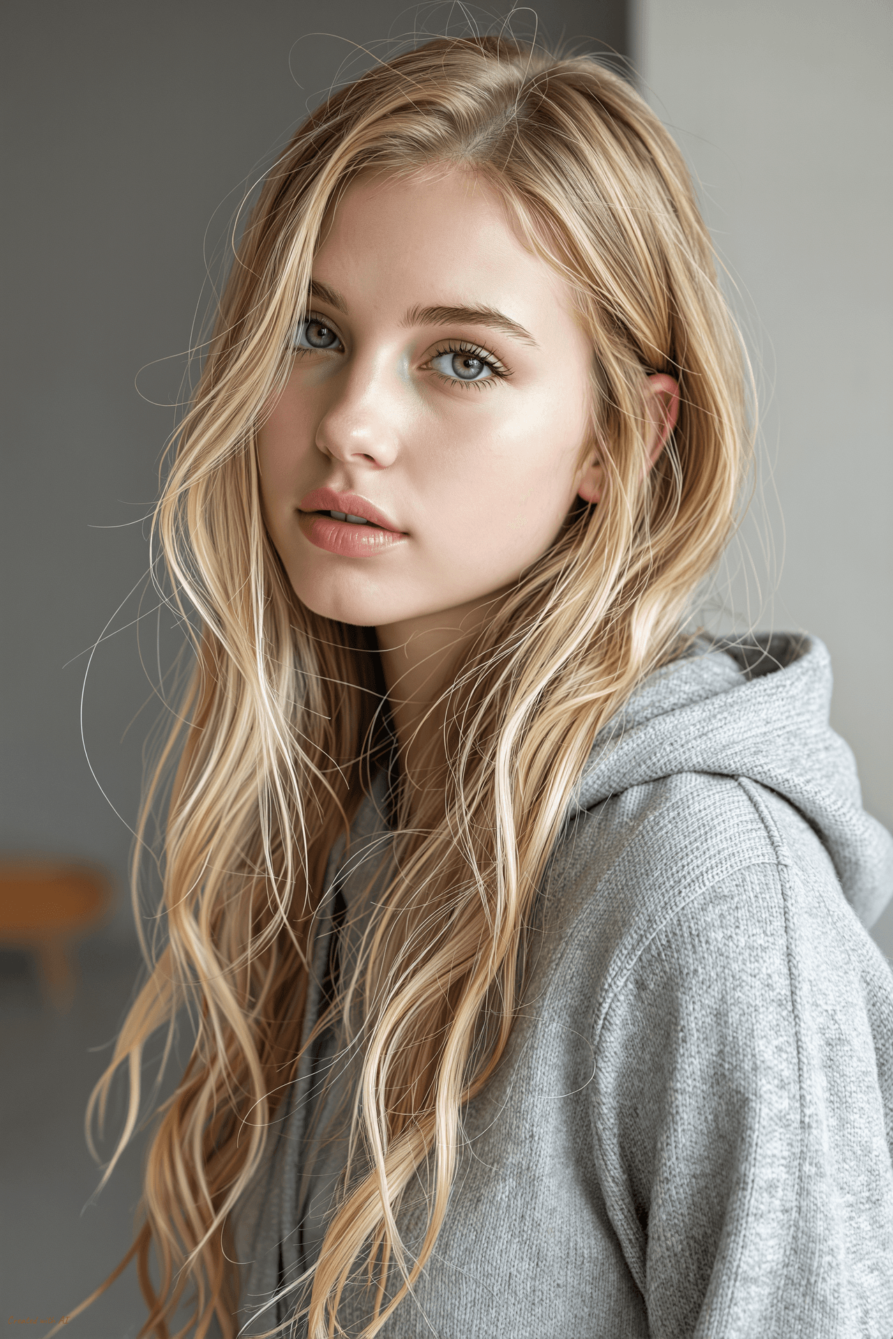 AI generated: Create an image of a young Caucasian women donning a casual grey hooded sweatshirt (hood up), her go...