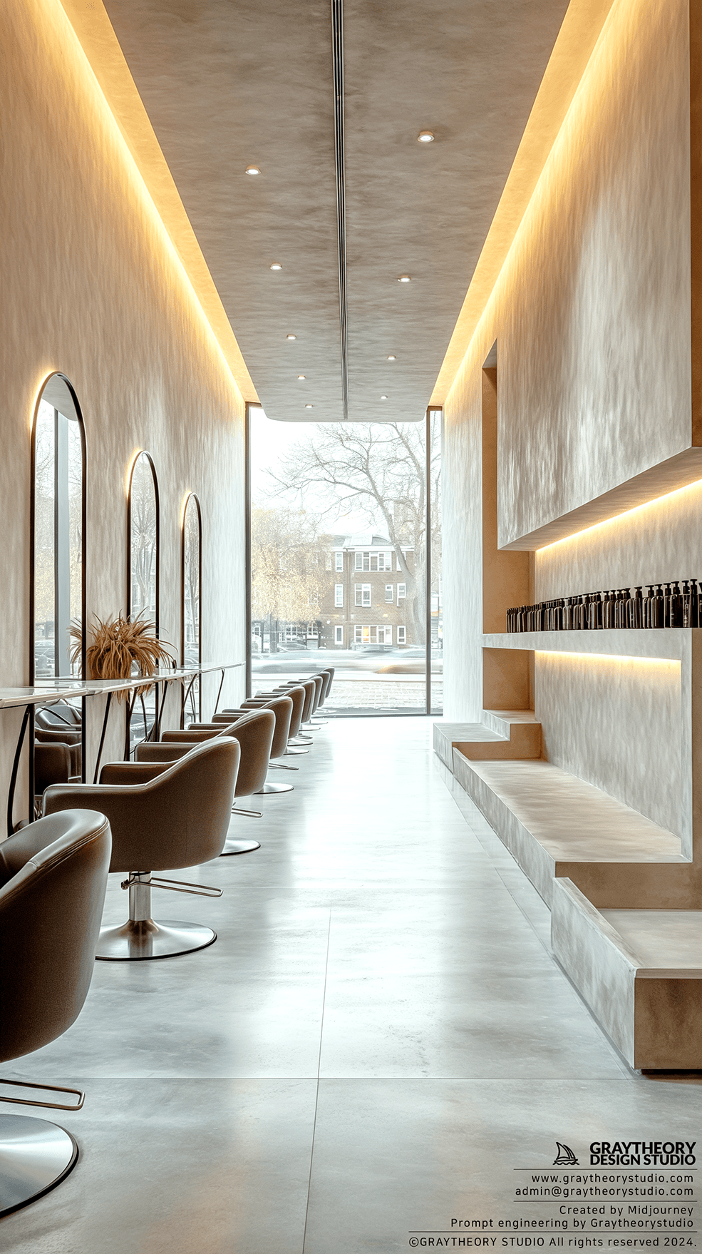 AI generated: Photography a contemporary hair salon, filled natural light on a cloudy morning, warm grey-concrete ...
