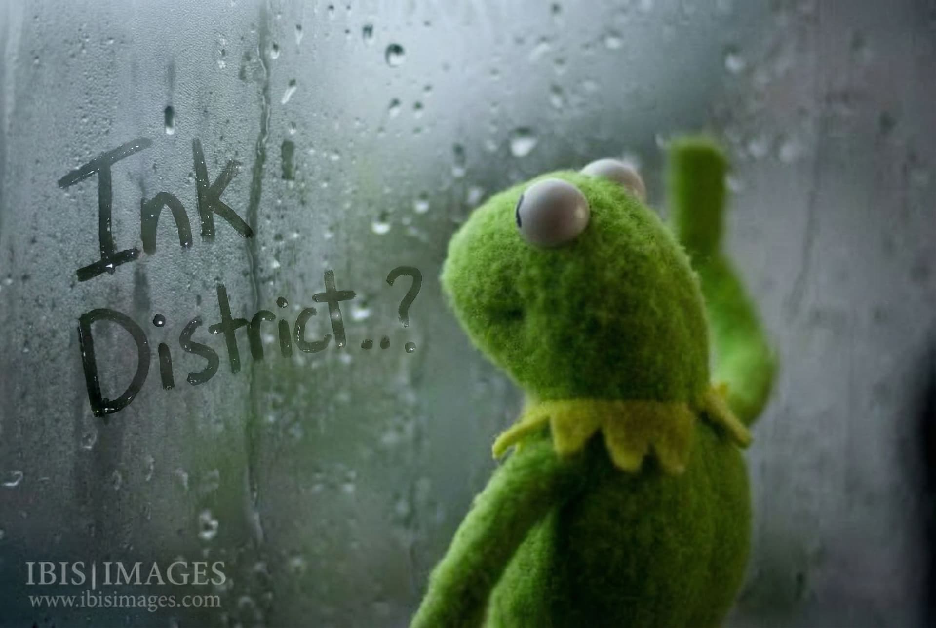 AI generated: Kermit the frog waiting for a response by the window. There is fog on the window and the name "Ink D...