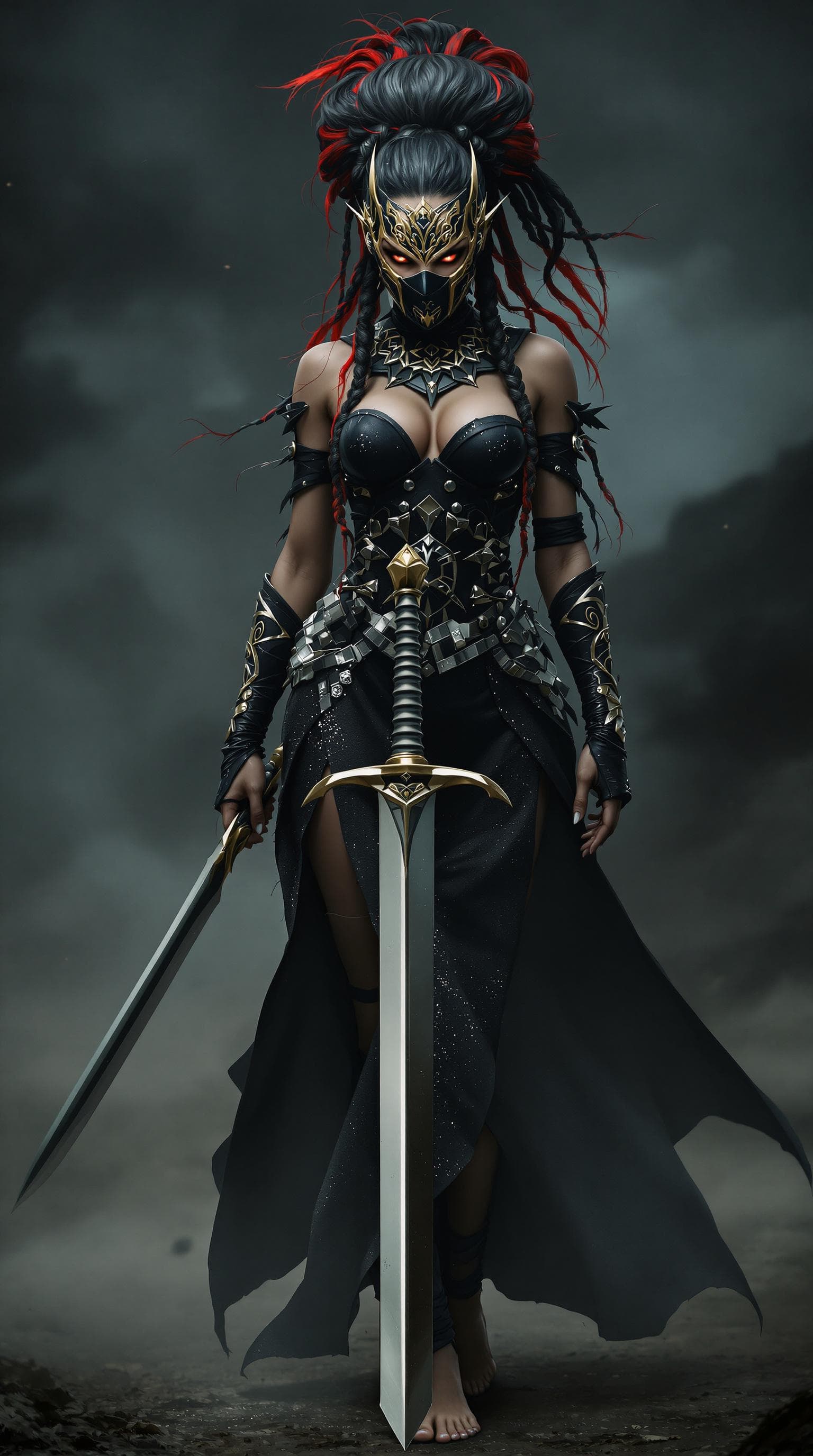 AI generated: Full-body view  of a fierce female warrior with intense, striking eyes, wearing an elaborate black a...