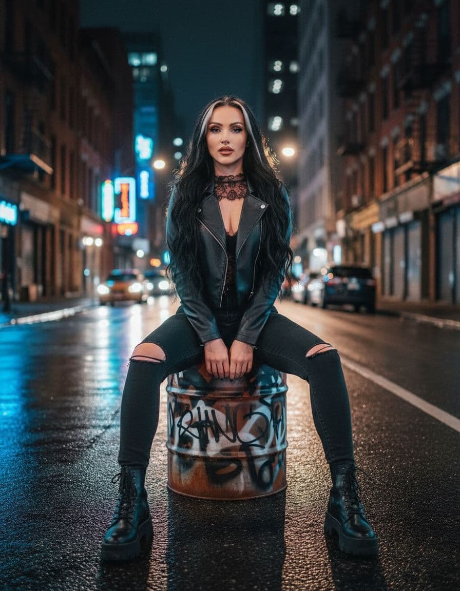 AI generated: A stunning woman with long, wavy black hair and piercing blue eyes sits confidently on a wet urban s...