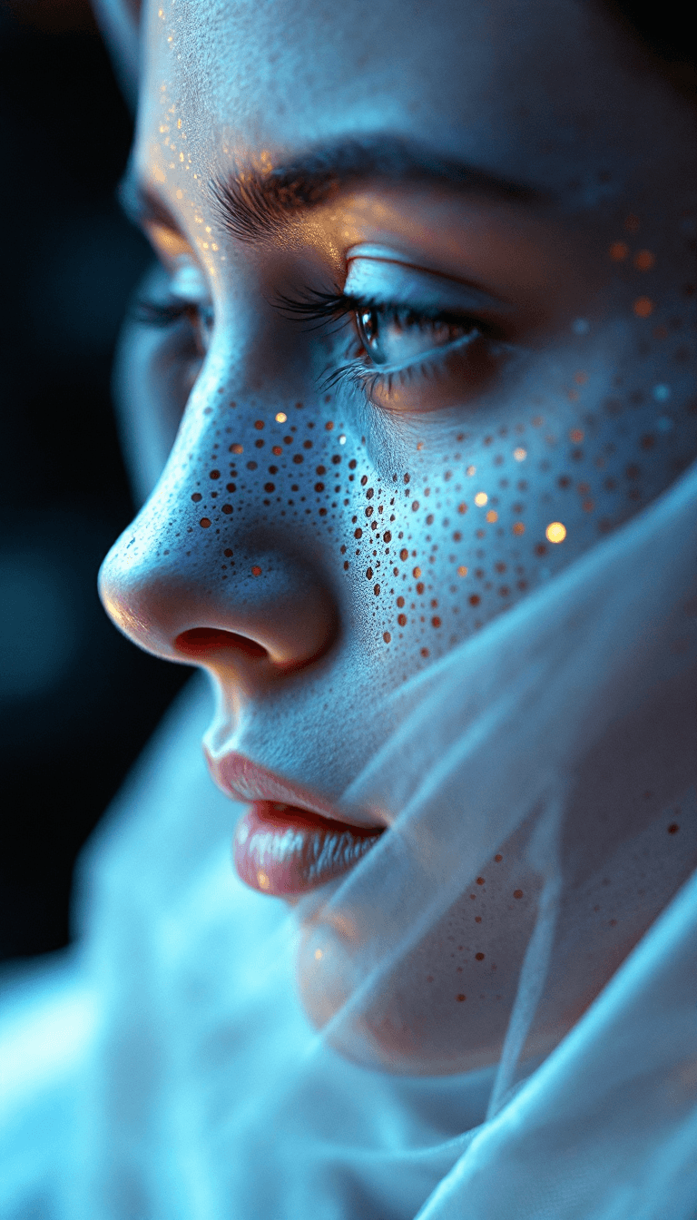 AI generated: close up macro shot, perforated holes in face, white cloth made from fiberoptic cables, depth of fie...