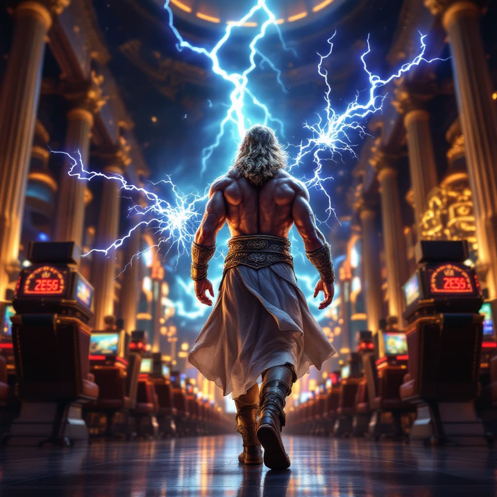 AI generated: Zeus from canonical slot game Gates of Olympus with lightning in hands walking through a Casino in L...