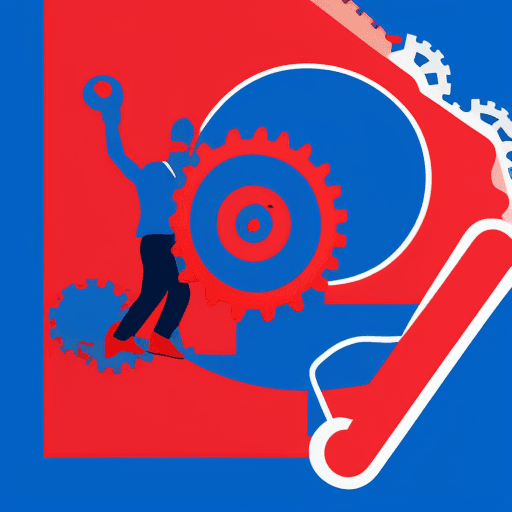 AI generated: Hyperrealistic logo, blue and red contrast color, book with the figure of a man moving a gear.