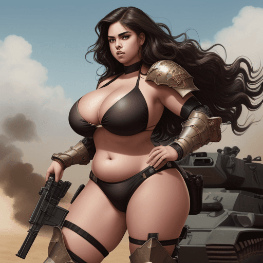 AI generated: Cute beautiful voluptuous Worrier woman in modern bikini armored, with guns, war in background, full...