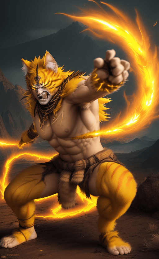 AI generated: The cat warrior's erect fur was golden yellow, extra long Fluffy, fighting at war, extrame rage, ber...