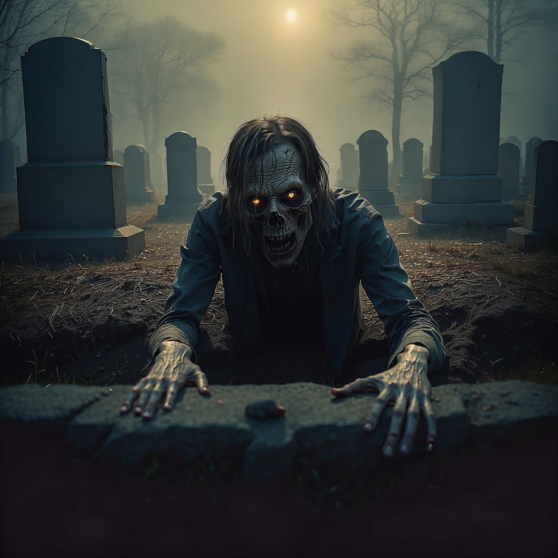 AI generated: Zombie is crawling from his grave,cemetry,ultra high detailed,dynamic lights,creepy,8k photo,hole in...
