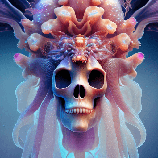 AI generated: Goddess close-up portrait ribcagel. jellyfish phoenix head, nautilus, orchid, skull, betta fish, bio...