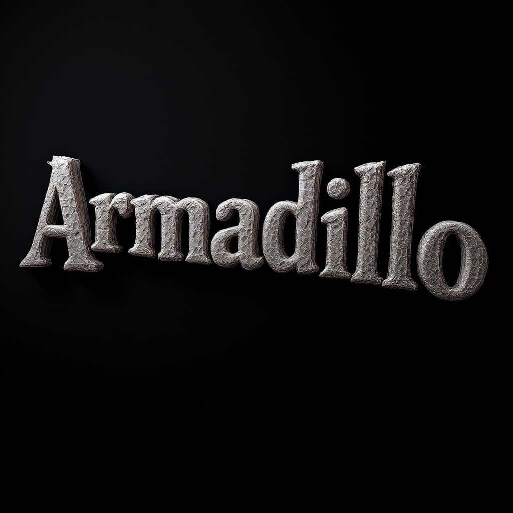AI generated: Word, "Armadillo," Hard, bony, armored plates; rough and ridged. The text is 3D, photorealistic, and...