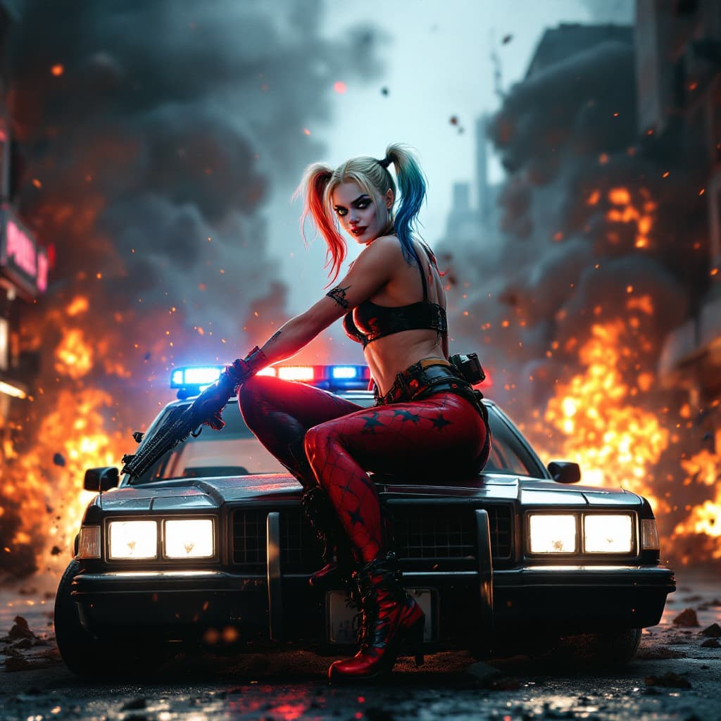 AI generated: Harley Quinn, on top of a police car, explosions behind her, fire, chaos, minigun, far view, bullet ...