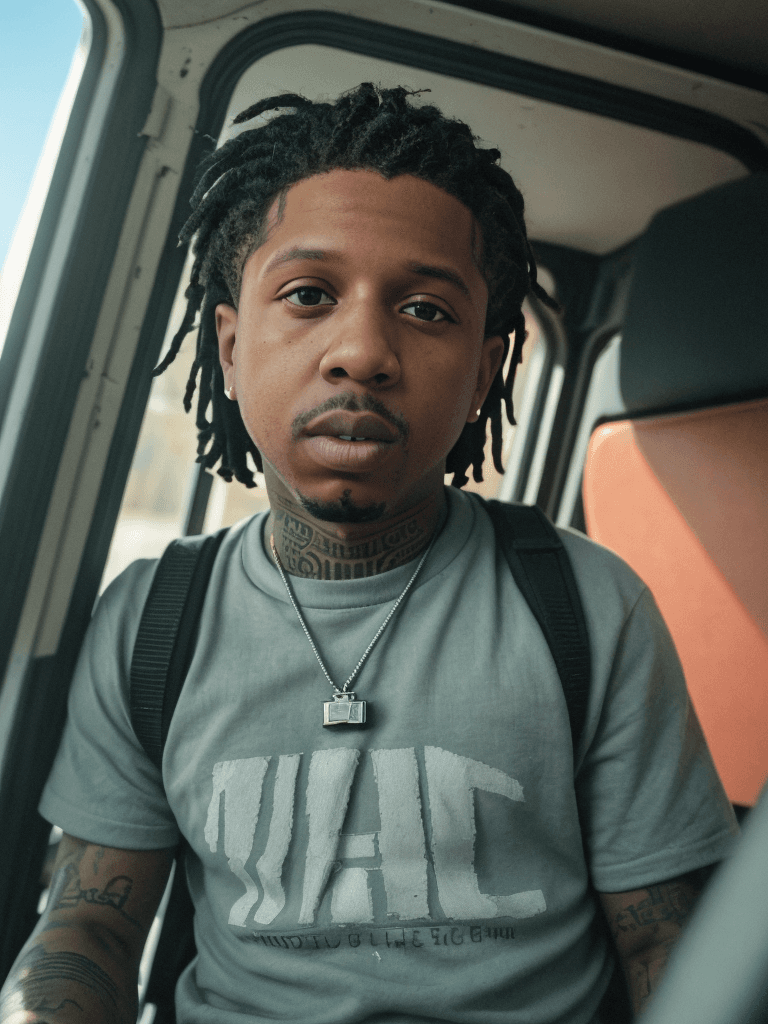 AI generated: portrait of Lil Durk doing a shootout from inside of a van, ultra realistic, 8k full HD, low angle, ...