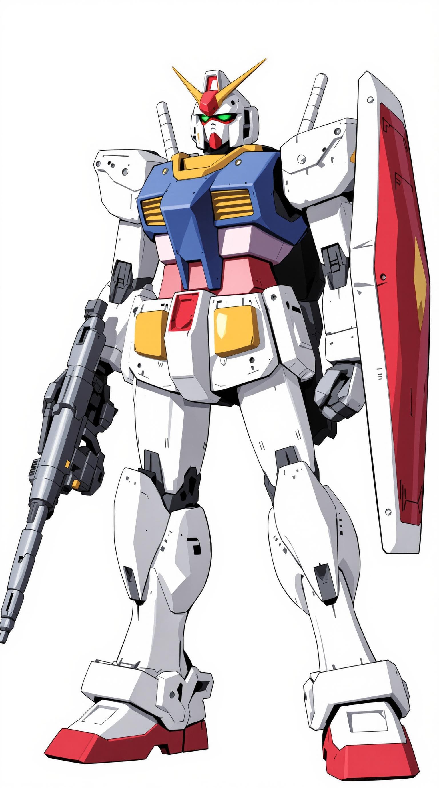AI generated: illustration of RX-78-2 Gundam, with shield and weapon, in the style of Kunio Okawara, anime, Mobile...