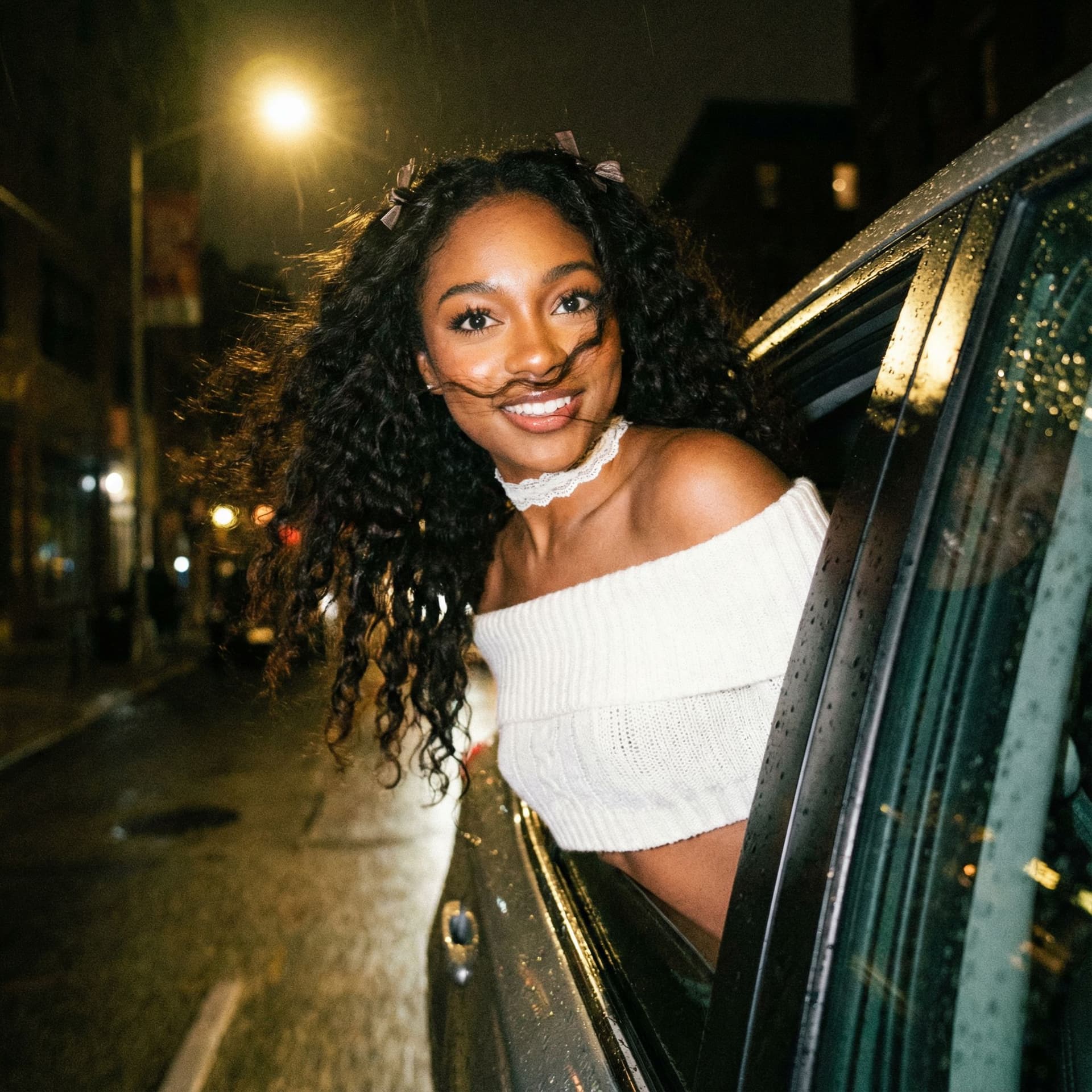 AI generated: Create a ccolor photo of me leaning my back out the window car like a dark dreamy blurry vintage win...